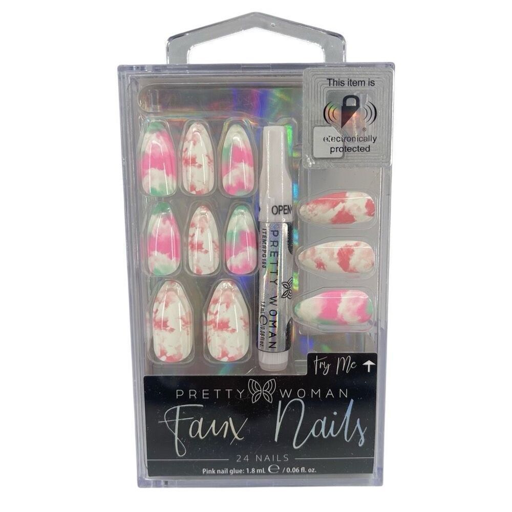 Pretty Woman 24 Faux Press-On Nails w/ Glue Almond Med Pink White Green Marble